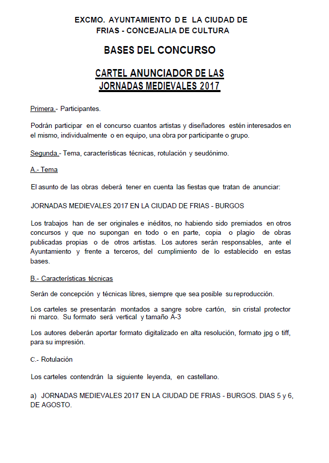 Cartel y bases del concurso del cartel anunciador de las Jornadas Medievales 2017- Ciudad de Frías