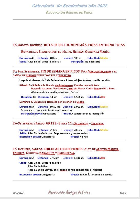 Calendario de rutas 2022