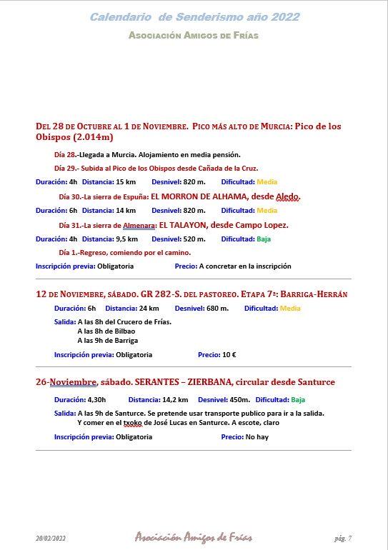Calendario de rutas 2022