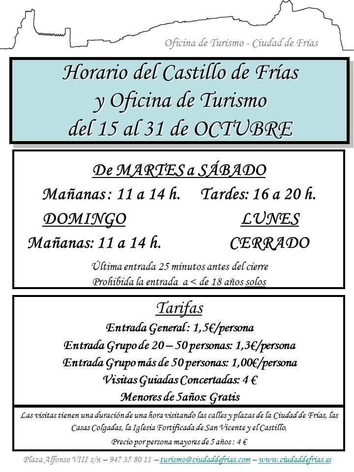 NUEVO HORARIO DE LA OFICINA DE TURISMO Y EL CASTILLO DE FRÍAS